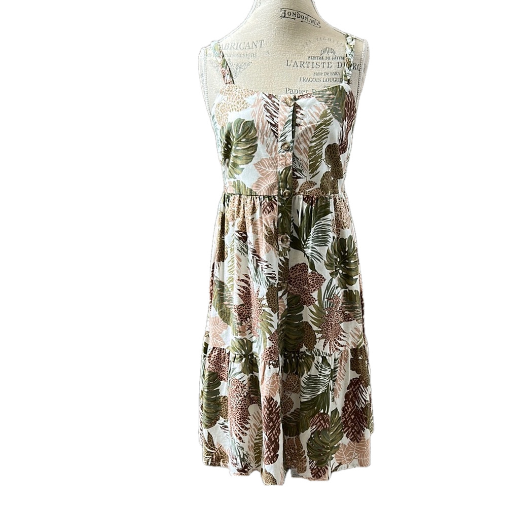 Beachlunchlounge Tropical Leaf Print Dress Braided Shoulder Button Down Size S